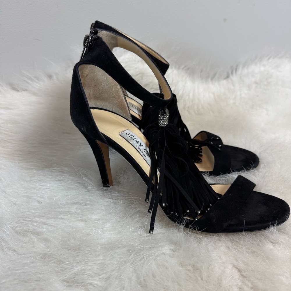 Jimmy Choo Viola Suede Fringe Rhinestone Sandal Heels - Picture 5 of 13